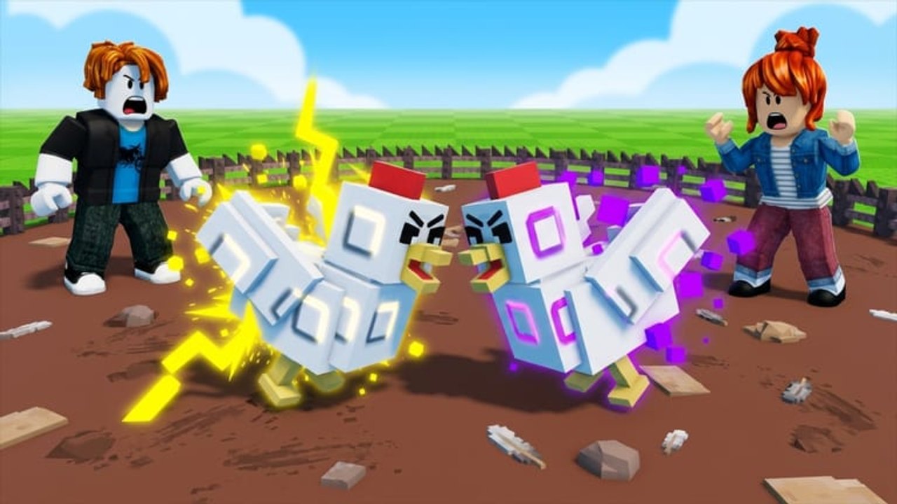 Two Grow a Chicken Fighter roosters colliding in the dirt PIT with lightning and purple special effects while players cheer